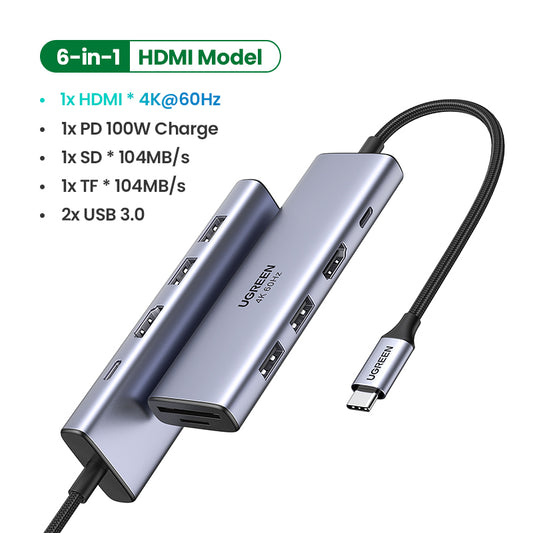 UGREEN 6 in 1 USB C HUB 4K 60Hz Type C to HDMI SD TF Card Reader USB 3.0 PD 100W Adapter Docking Station